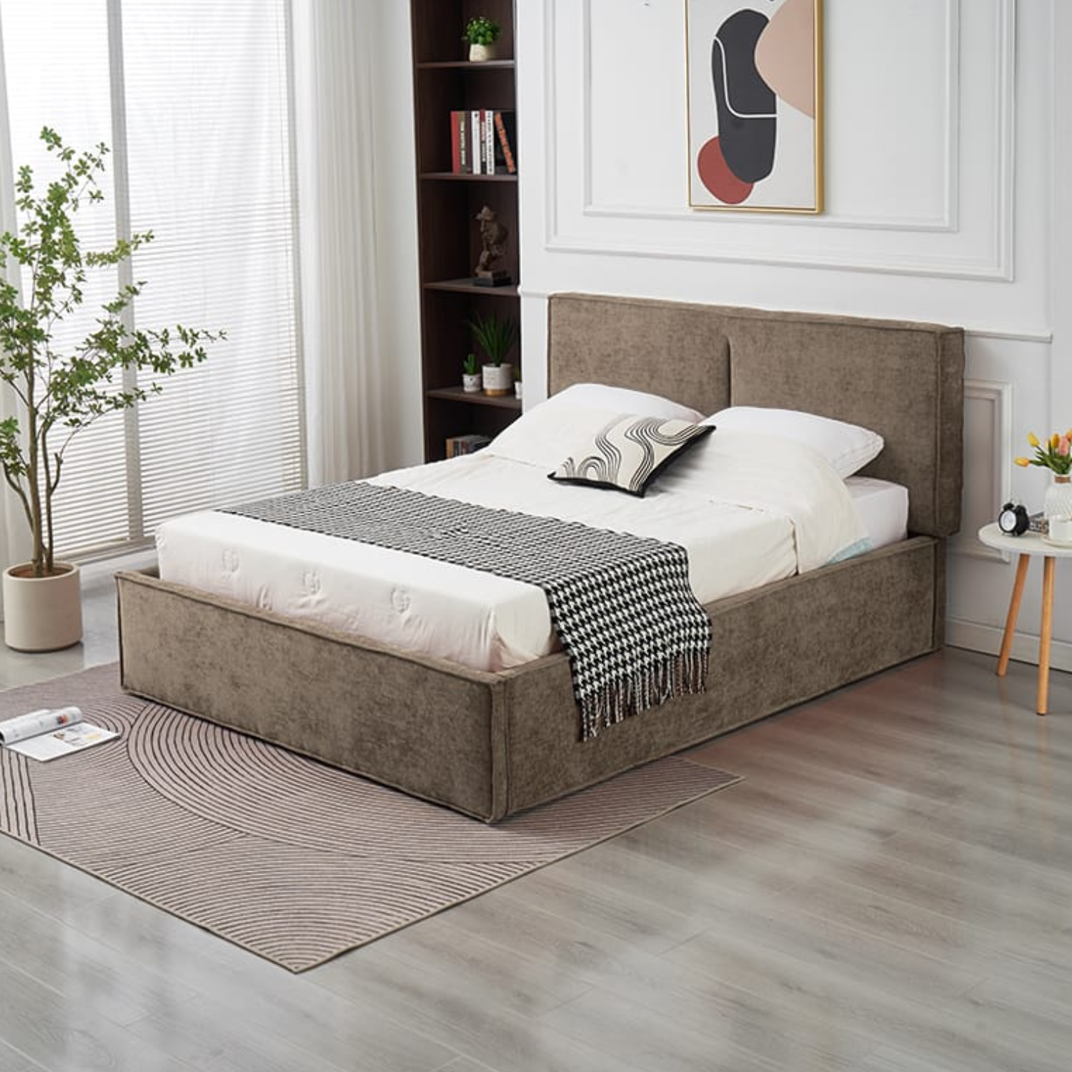 Lit coffre  en tissu chenille – avec sommier à lattes et rangement intégré (140x190, 160x200, 180x200)