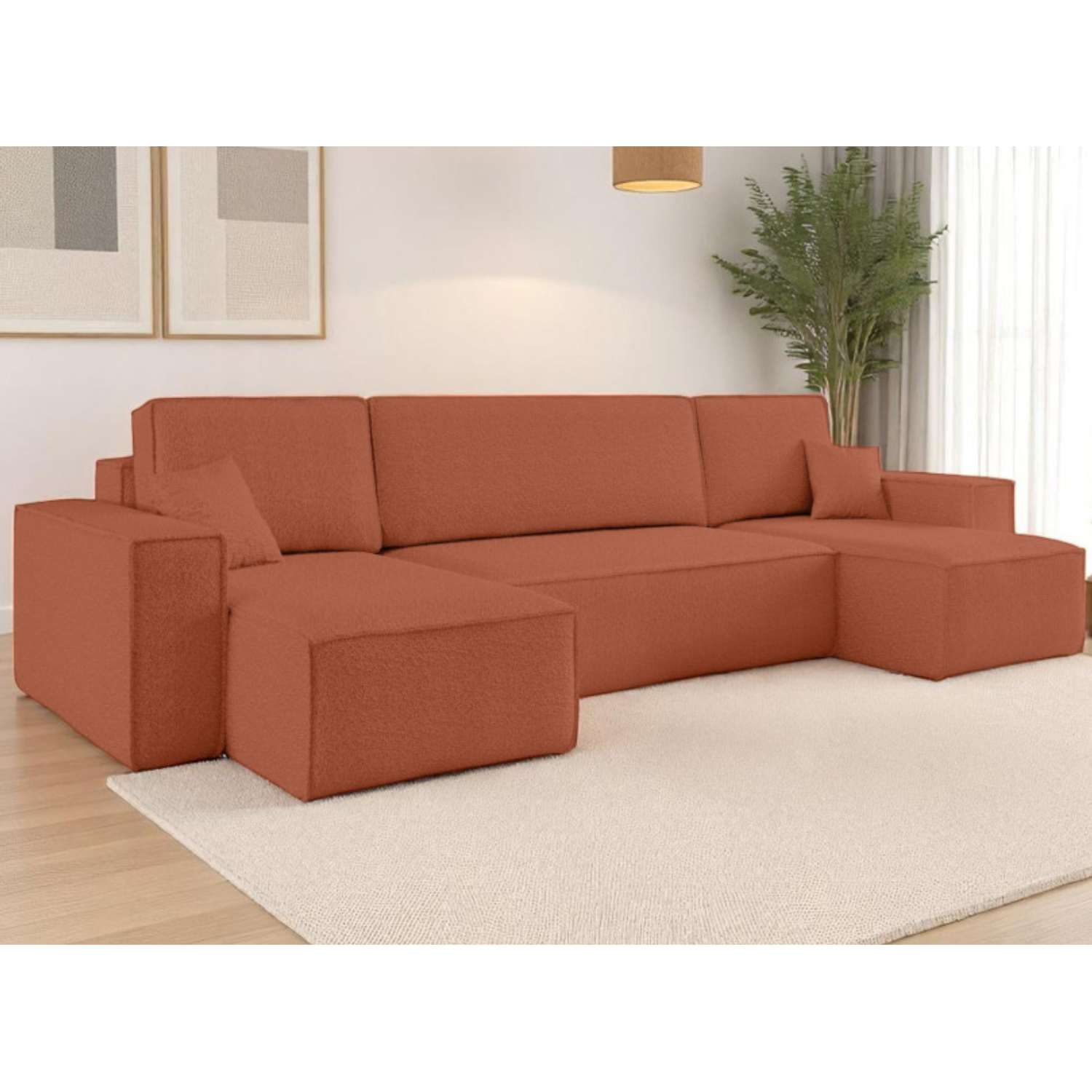 Canapé d'angle panoramique convertible 6 places en tissu bouclette