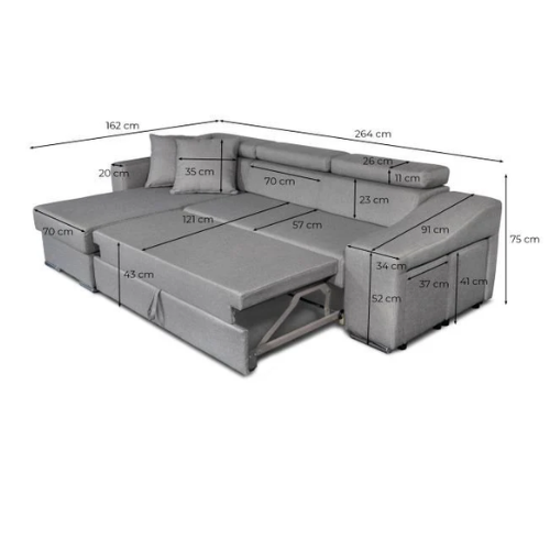 Canapé d'angle réversible, convertible avec coffre et 2 poufs en tissu