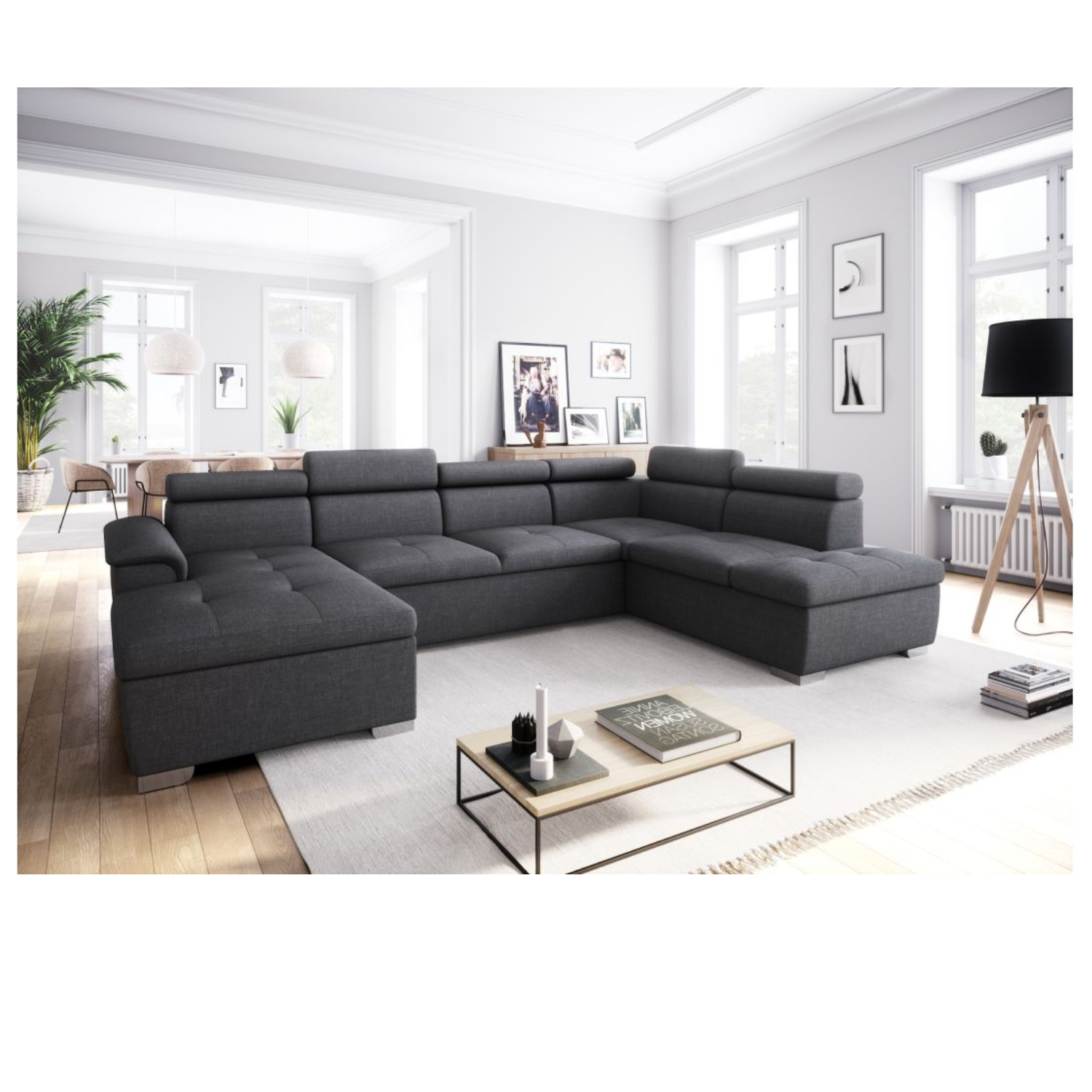 Canapé panoramique convertible avec 2 coffres en tissu