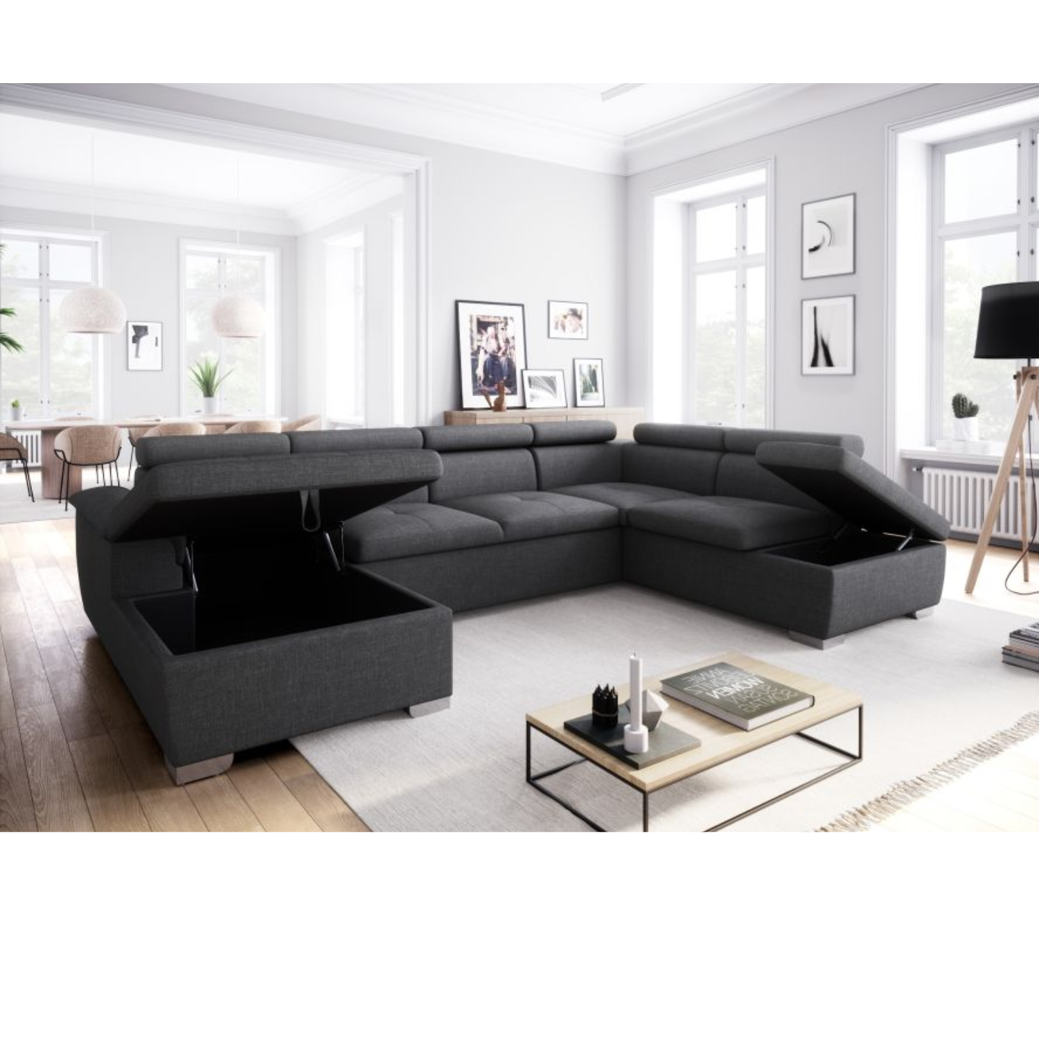 Canapé panoramique convertible avec 2 coffres en tissu