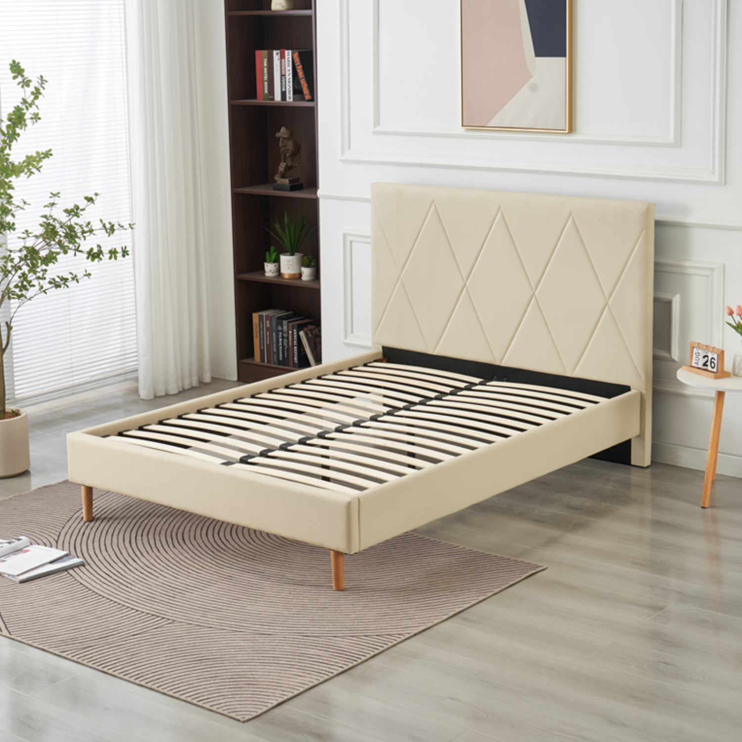 Lit Simple Pied Bois en Similicuir – Blanc, Beige, Noir, Gris – 90x190, 140x190, 160x200 cm