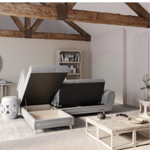 Canapé d'angle fixe convertible en tissu et pieds bois