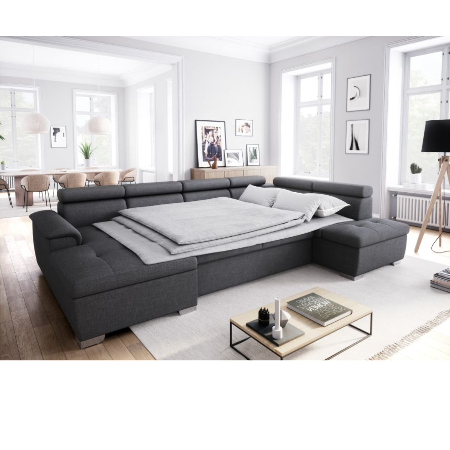 Canapé panoramique convertible avec 2 coffres en tissu