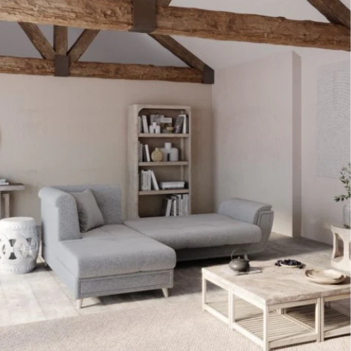 Canapé d'angle fixe convertible en tissu et pieds bois
