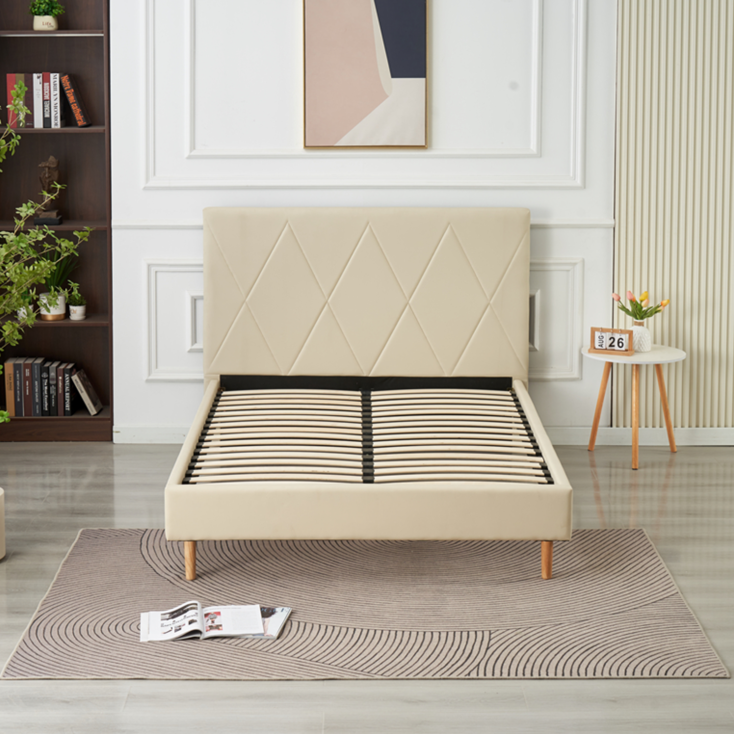 Lit Simple Pied Bois en Similicuir – Blanc, Beige, Noir, Gris – 90x190, 140x190, 160x200 cm