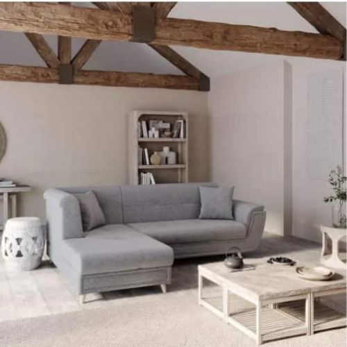 Canapé d'angle fixe convertible en tissu et pieds bois