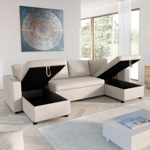 Canapé U panoramique convertible avec 2 coffres en tissu