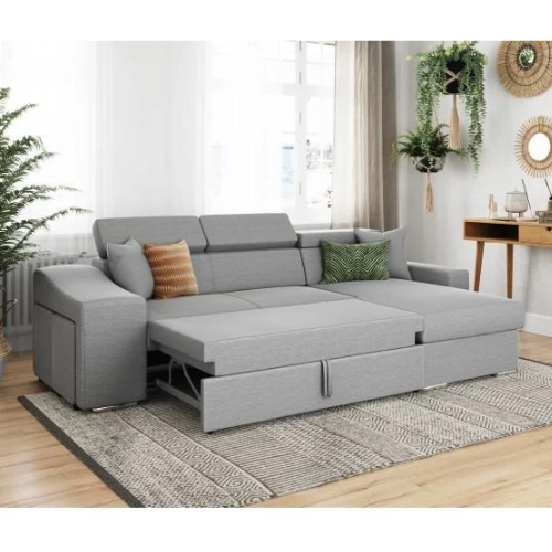 Canapé d'angle réversible, convertible avec coffre et 2 poufs en tissu