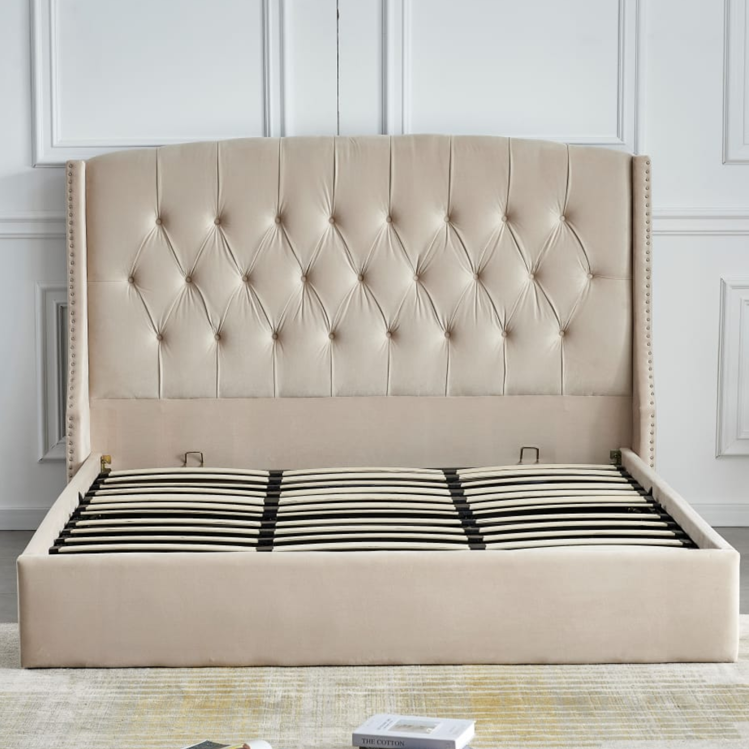 Lit coffre en velours capitonné – Sommier à lattes et rangement intégré – 180x200 cm – Gris, Beige ou Noir