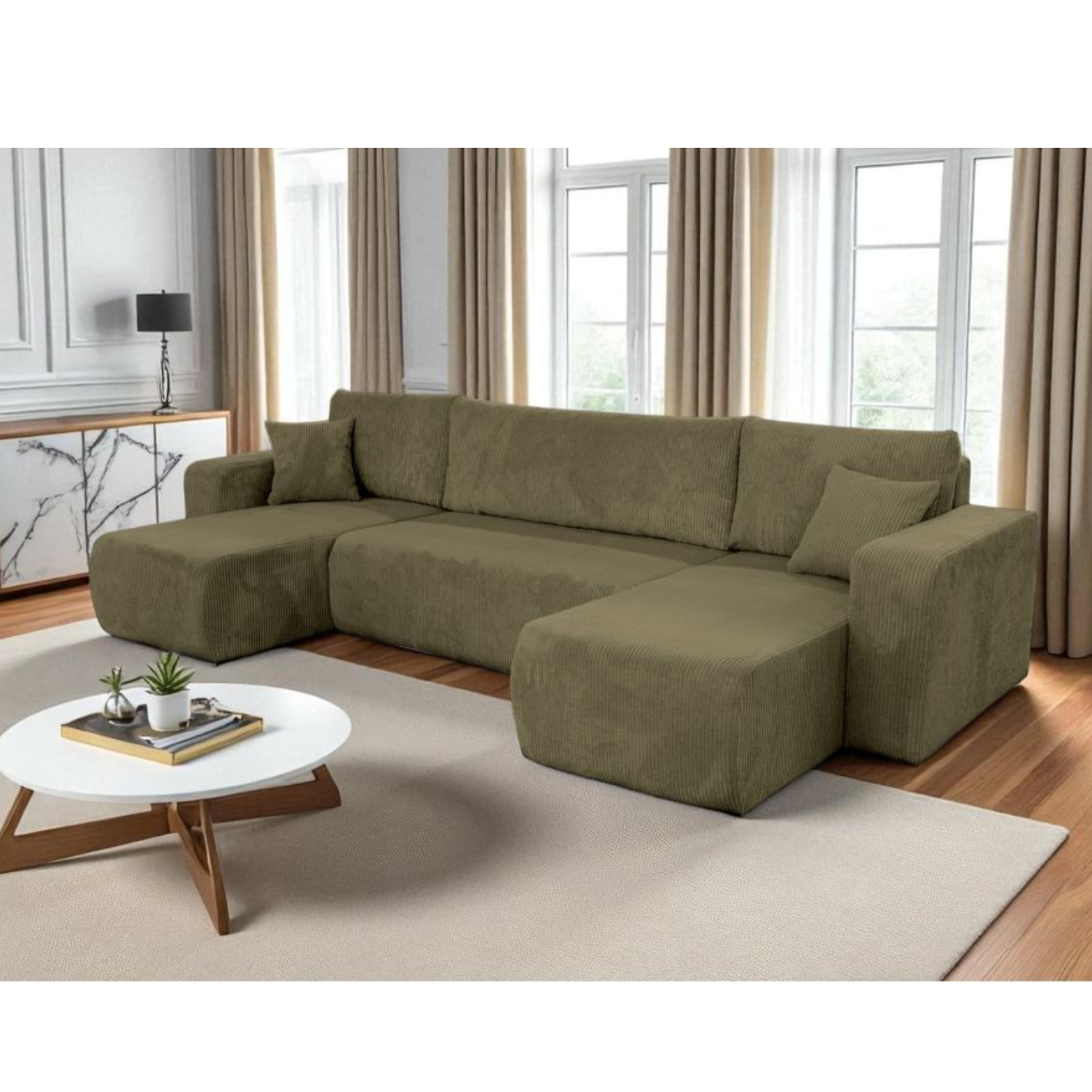 Canapé Panoramique – 5 Places – Convertible avec Coffre – Velours Côtelé