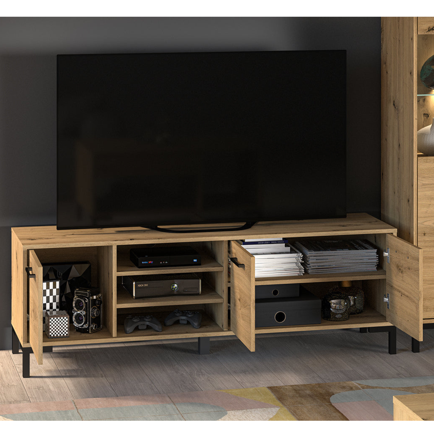 Meuble TV bas moderne – Chêne artisanal – Résistant aux rayures et à l’humidité