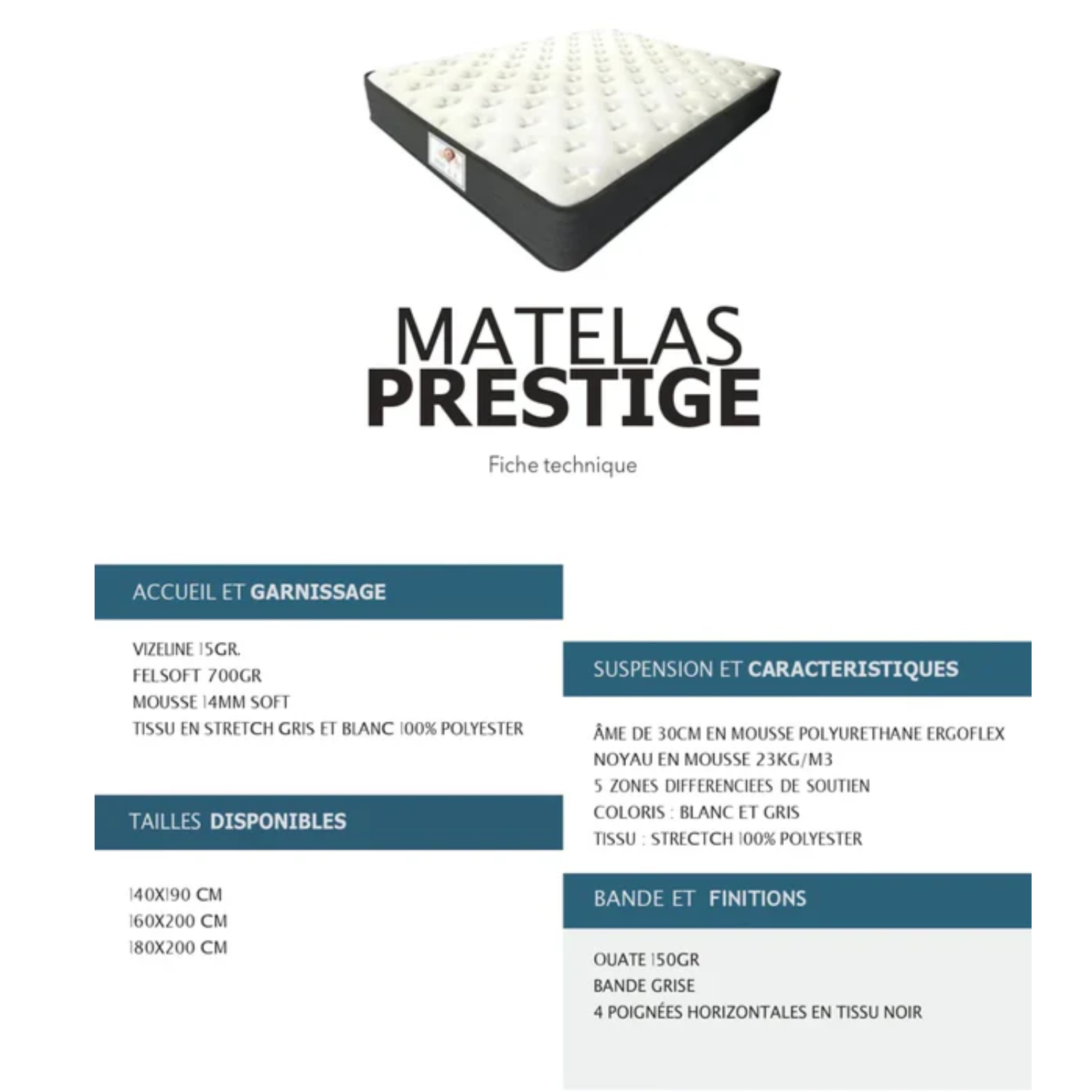 Matelas  – Confort Luxueux, Mousse Haute Densité, Épaisseur 30 cm
