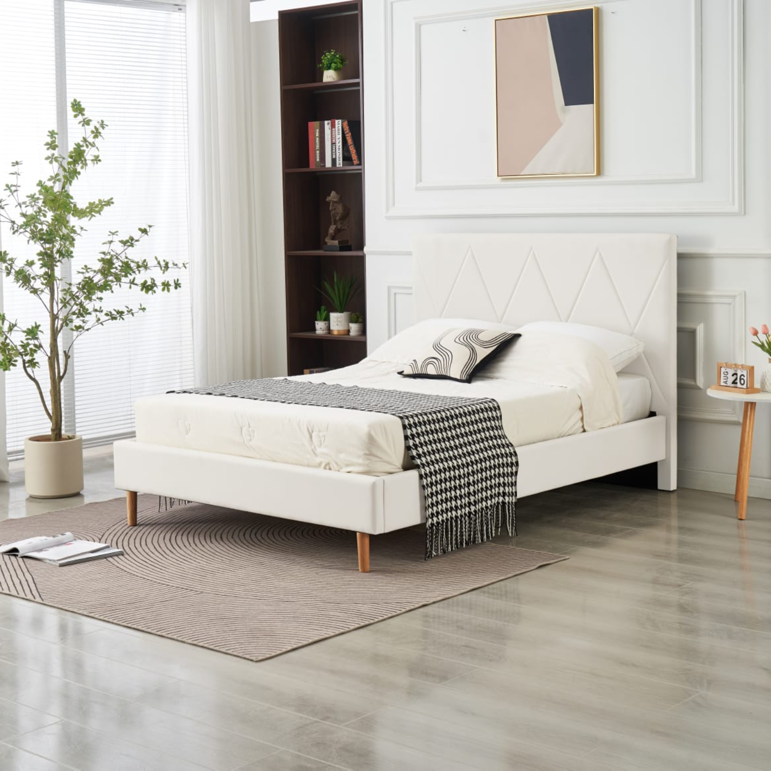 Lit Simple Pied Bois en Similicuir – Blanc, Beige, Noir, Gris – 90x190, 140x190, 160x200 cm