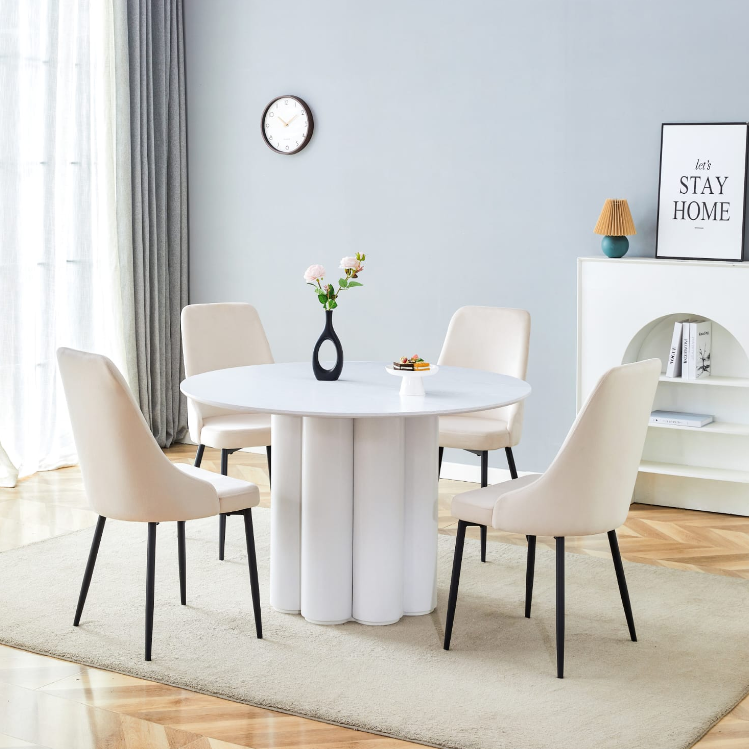 Table à manger ronde 120 cm – Bois blanc laqué design avec pied sculptural