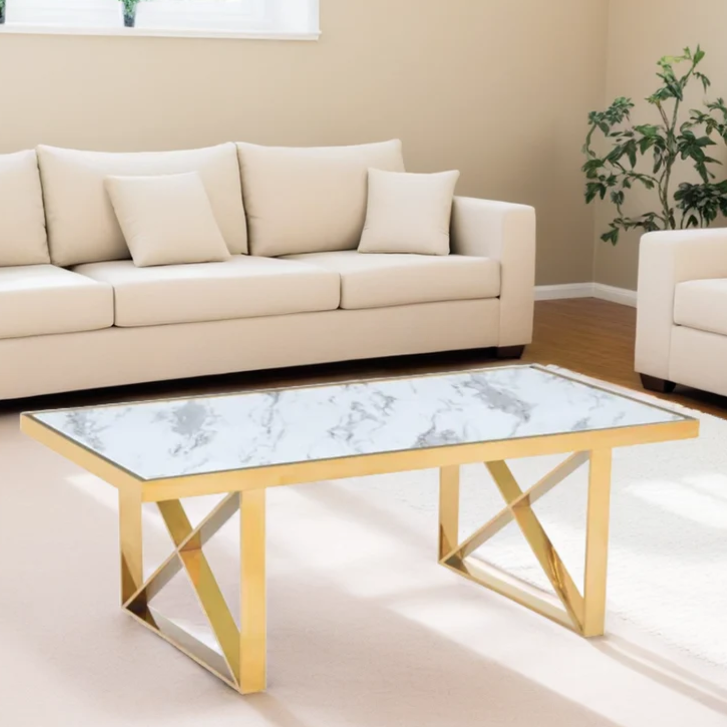Table Basse Plateau en Marbre Blanc ou Noir et Pieds Métalliques