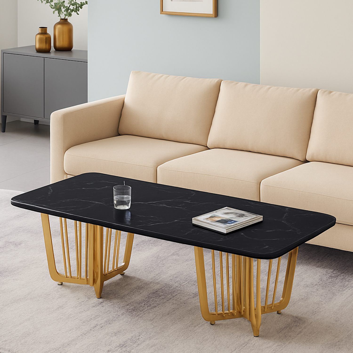 Table Basse avec Plateau en Marbre et Piètement en Acier