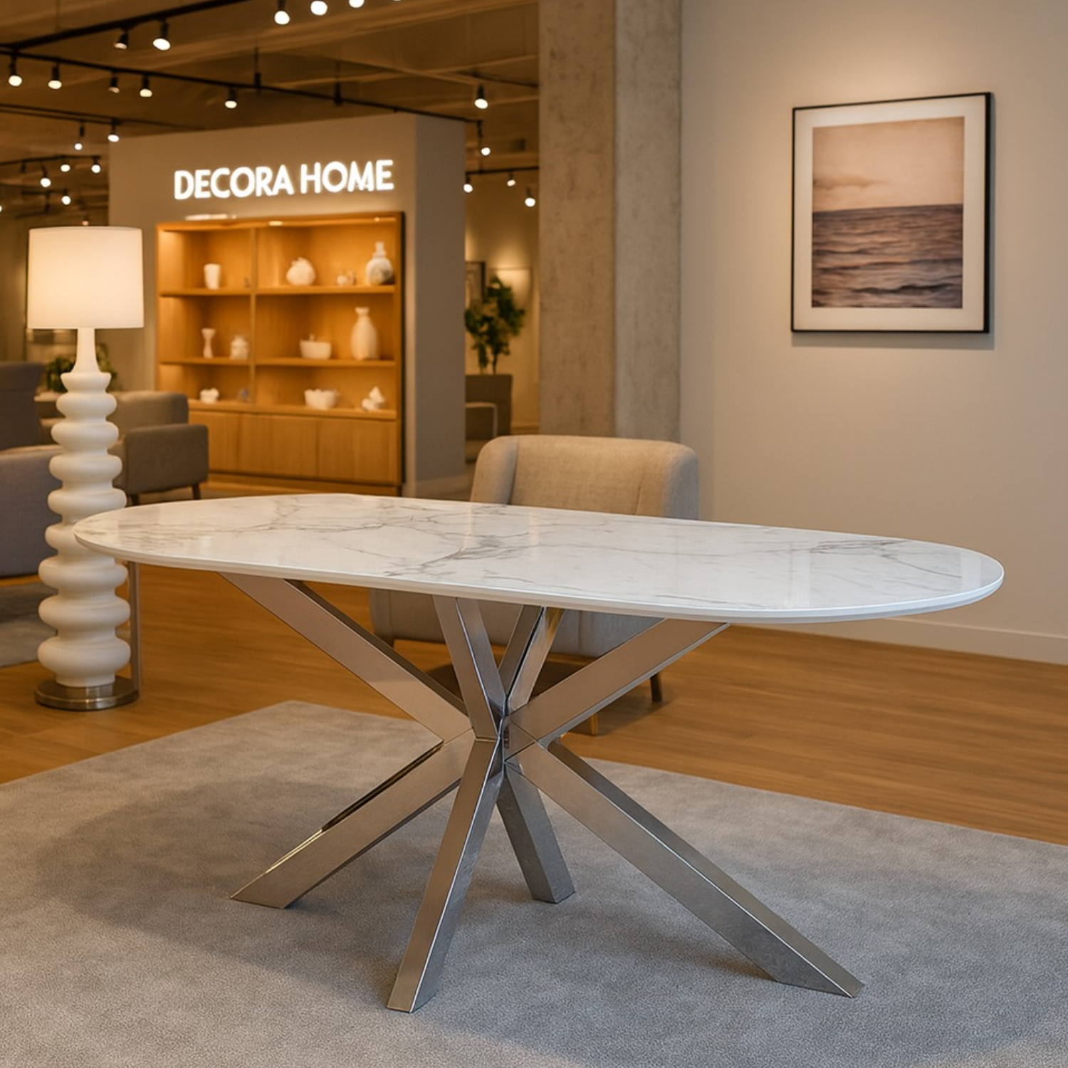 Tables à manger en Céramique Effet Marbre Blanc et Bases Métalliques