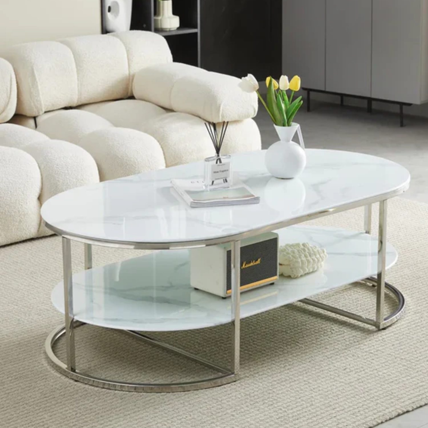Table basse plateau verre marbré blanc et Piètement Inoxydable