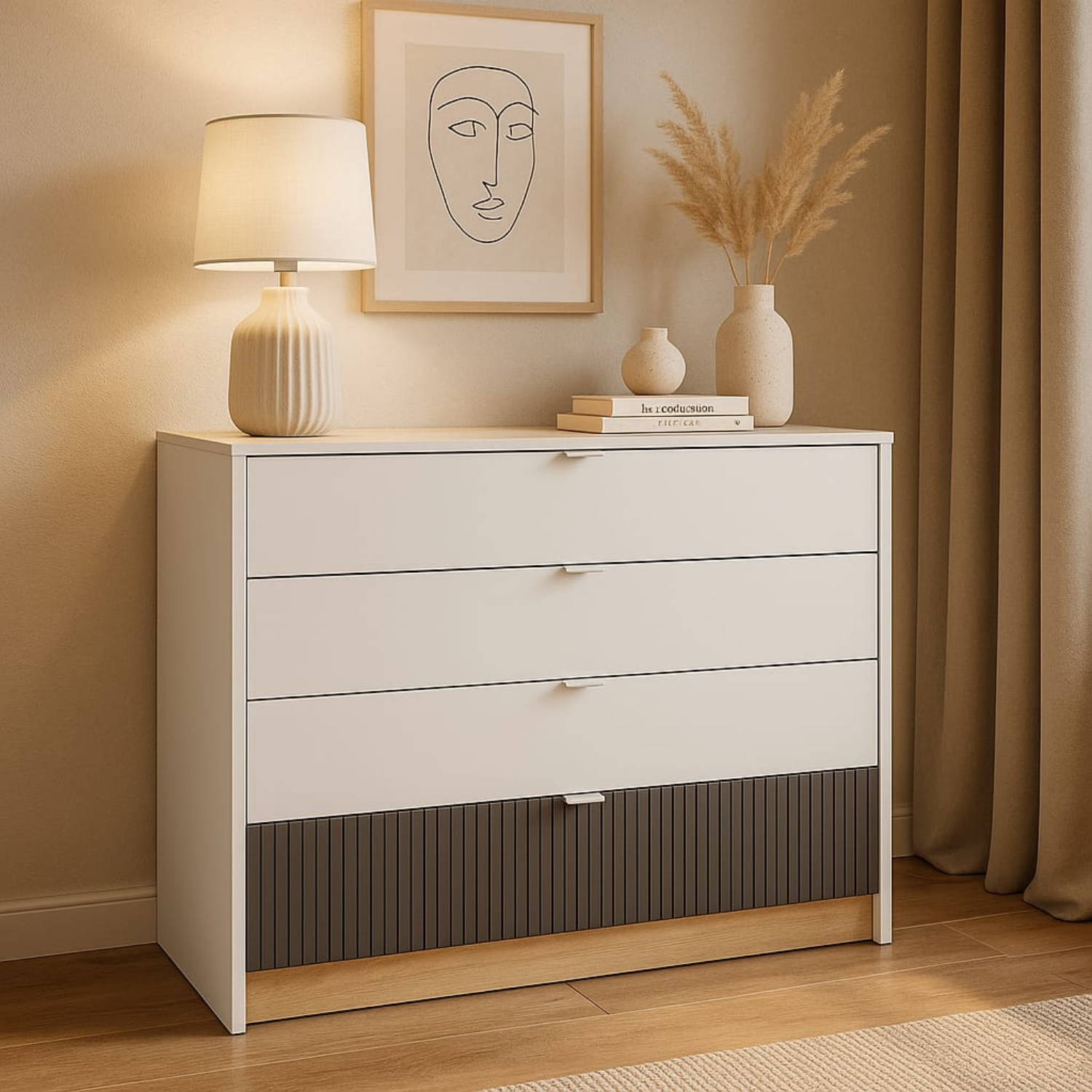 Commode, Buffet Compacte Enfant avec Tiroirs à Extension Complète – Blanc, Graphite Mat & Chêne Castello