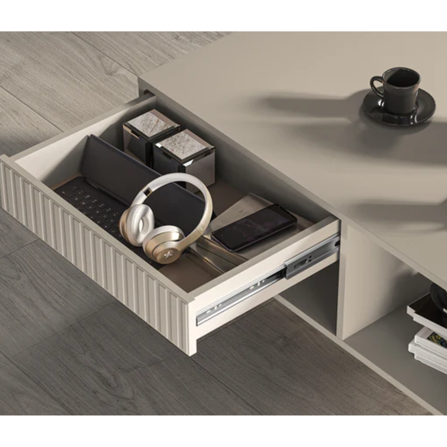 Table Basse Sofina couleur Cachemire avec Tiroir et Étageres Ouvertes