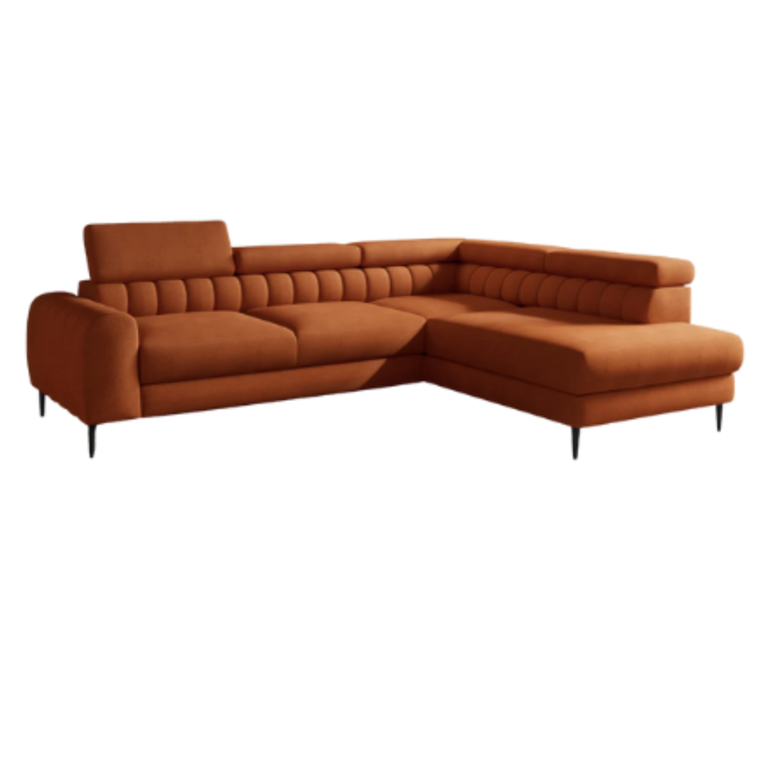 Canapé d’Angle  – Design Moderne, Système de Couchage DELFIN, Coffre de Rangement et Têtières Ajustables | Tissu Haut de Gamme