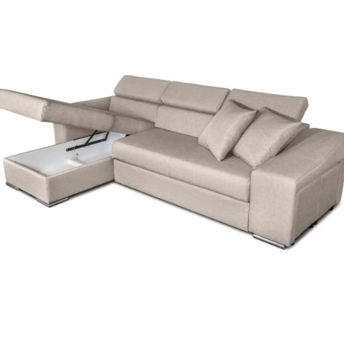 Canapé d'angle réversible, convertible avec coffre et 2 poufs en tissu