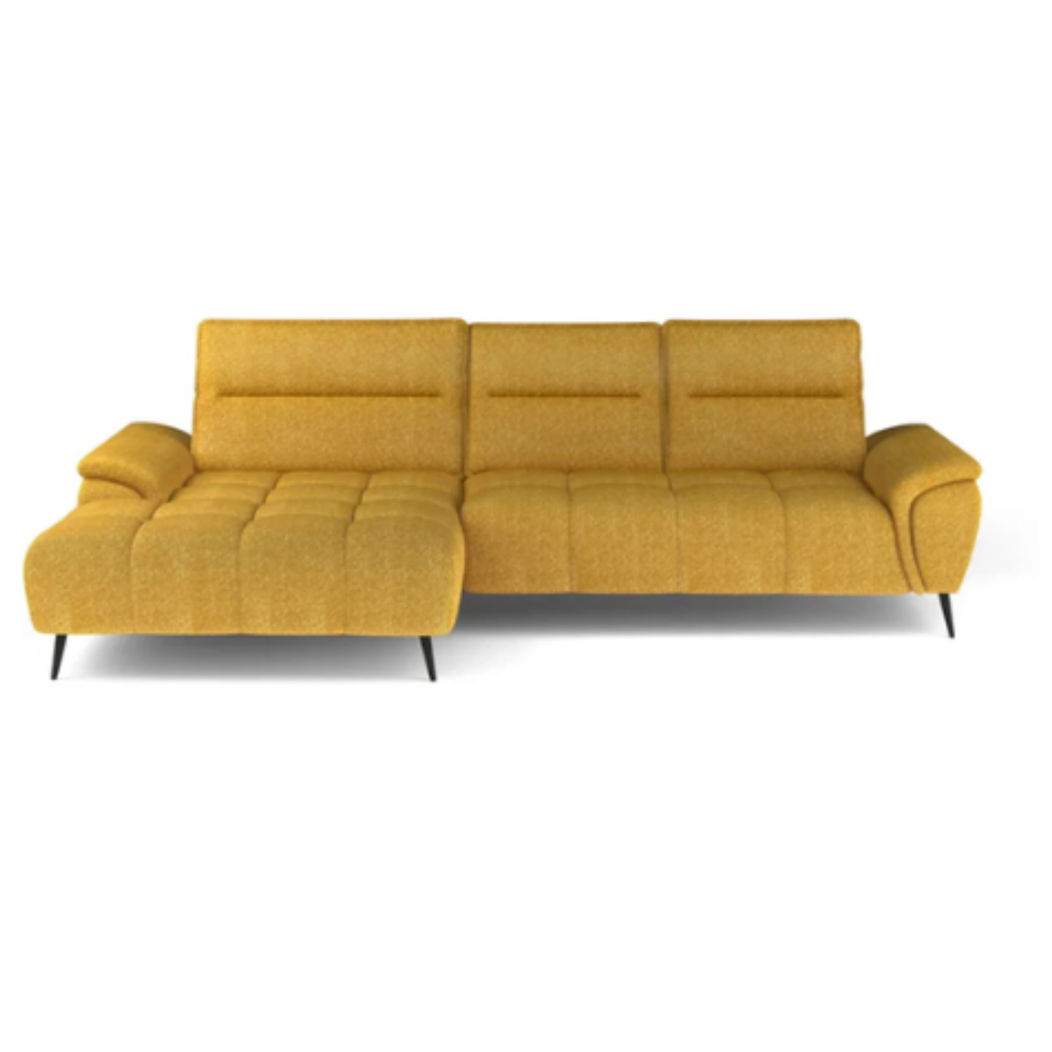 ```json
{
    "alt_text": "Canapé d'angle convertible Nevada avec rangement, têtières réglables et design moderne en tissu de