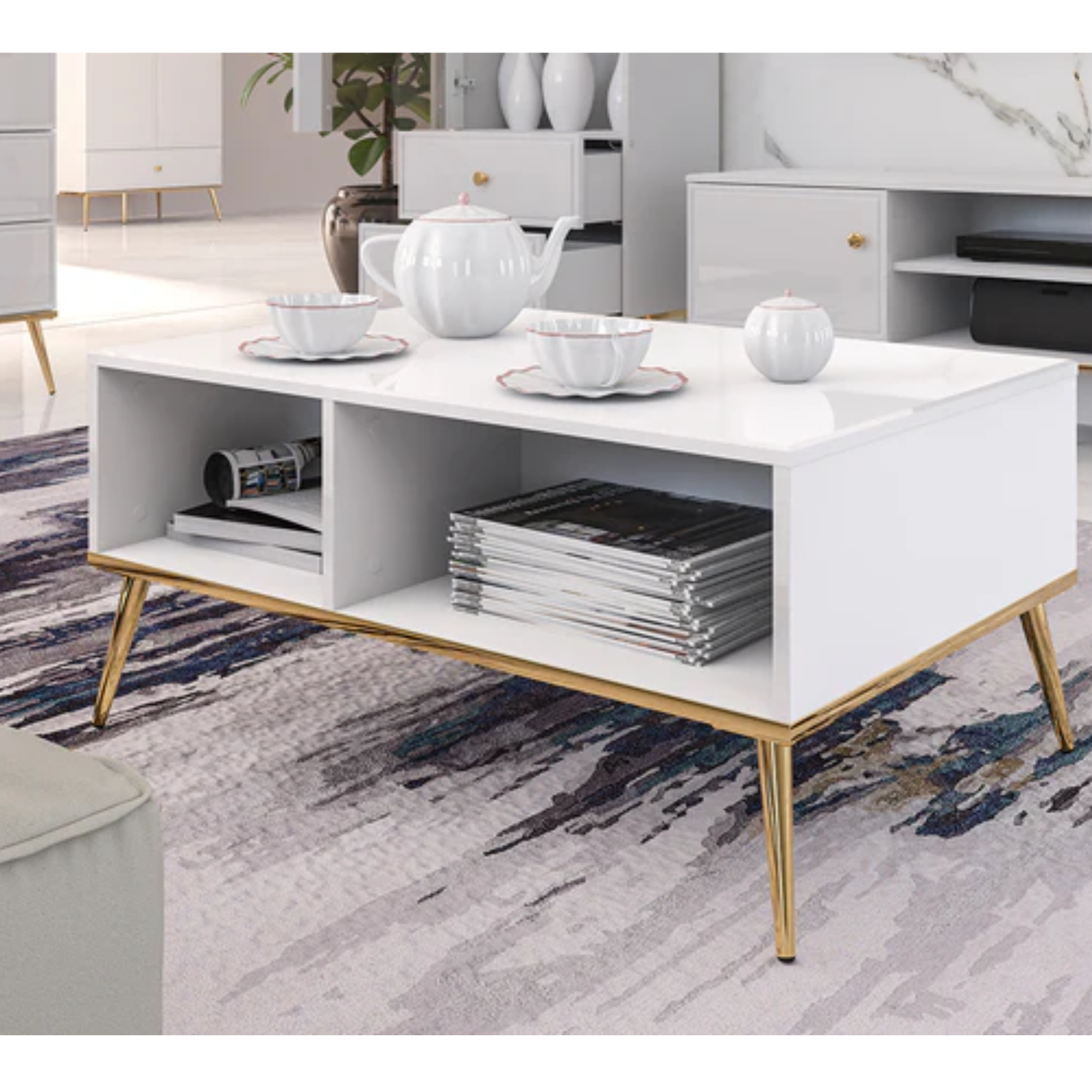 Table Basse Moderne en Bois Laqué Brillant avec pieds dorés