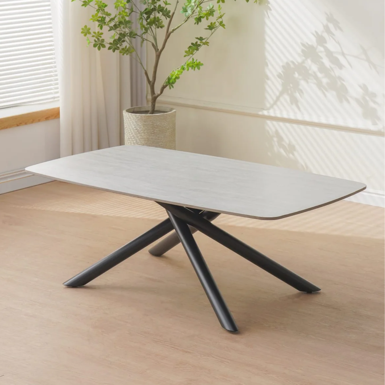 Table basse – Céramique travertin & pieds en métal noir – 120x70x45 cm