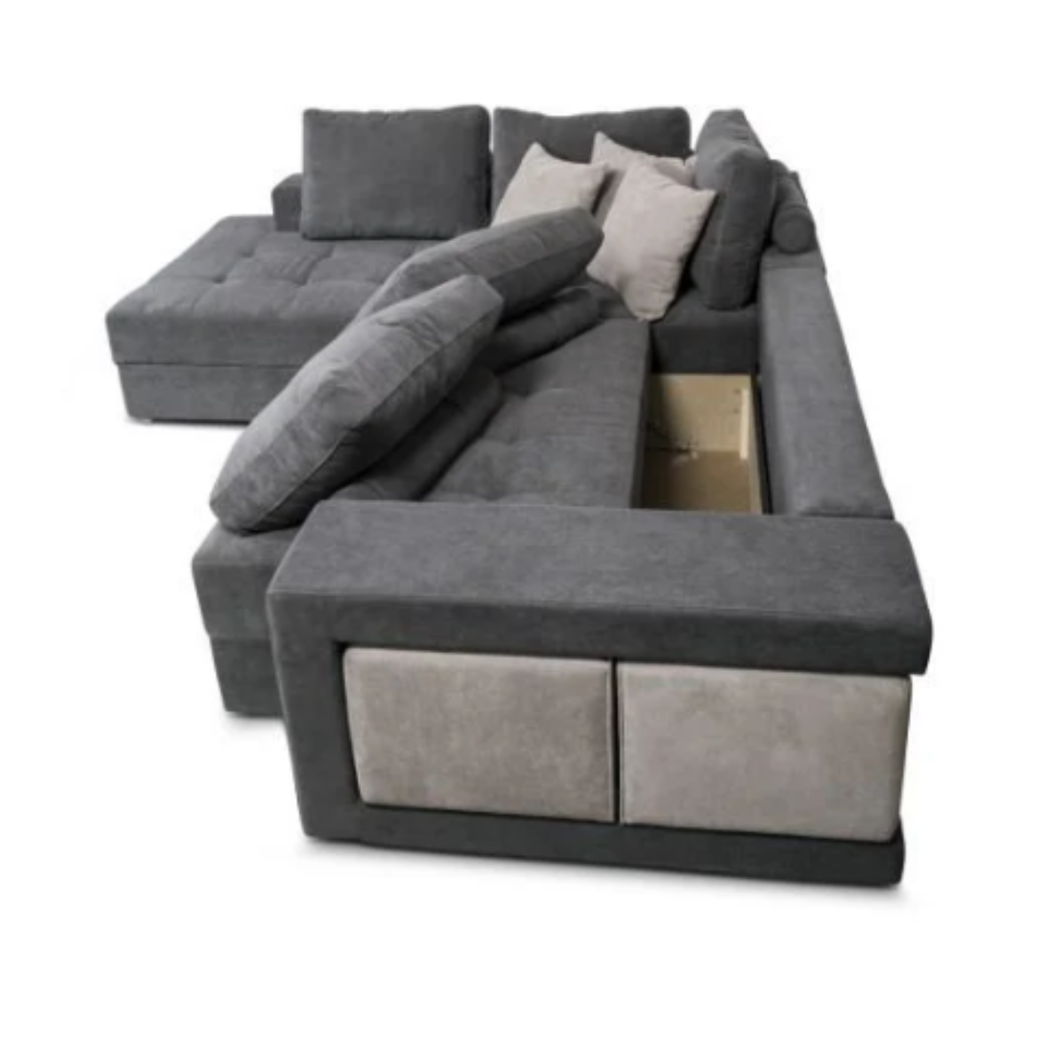 Canapé d'angle convertible avec 2 poufs et coffre en tissu