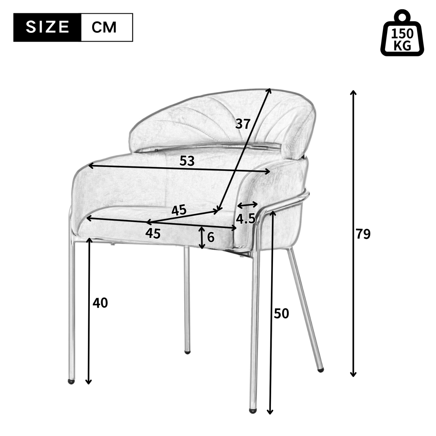 Chaise en Velours – Pieds Métalliques – L.60 x P.55 x H.80 cm