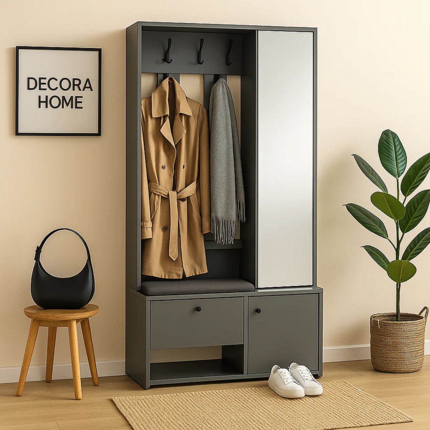 Placard d’entrée ZAYA avec miroir – 100 x 33 x 190 cm – meuble de couloir moderne avec étagères et cintre en métal