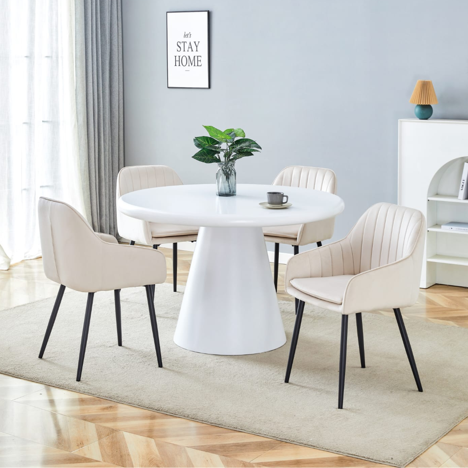 Table à manger ronde 120 cm – Bois blanc laqué avec pied central conique