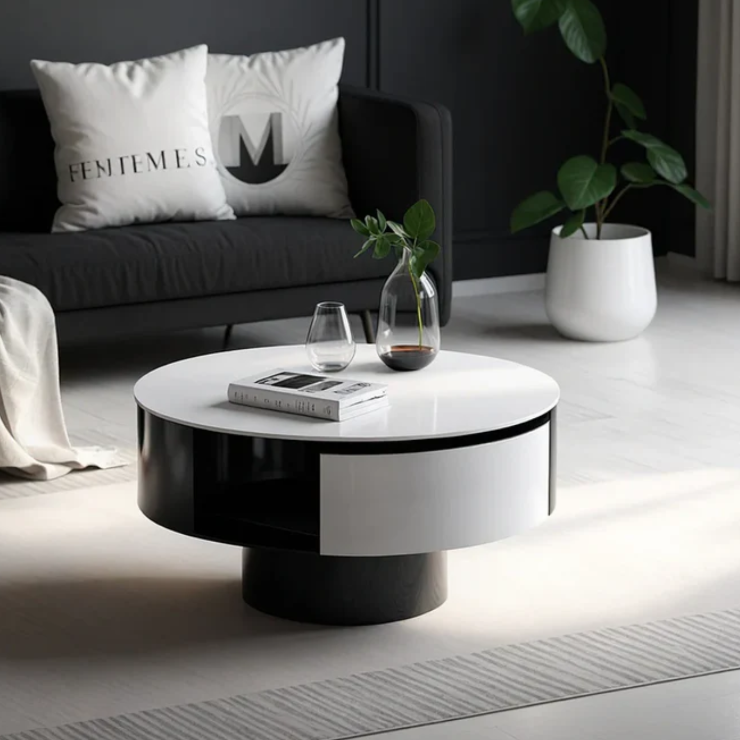 Table Basse  80x40 – Design Moderne Noir et Blanc avec Tiroir Intégré