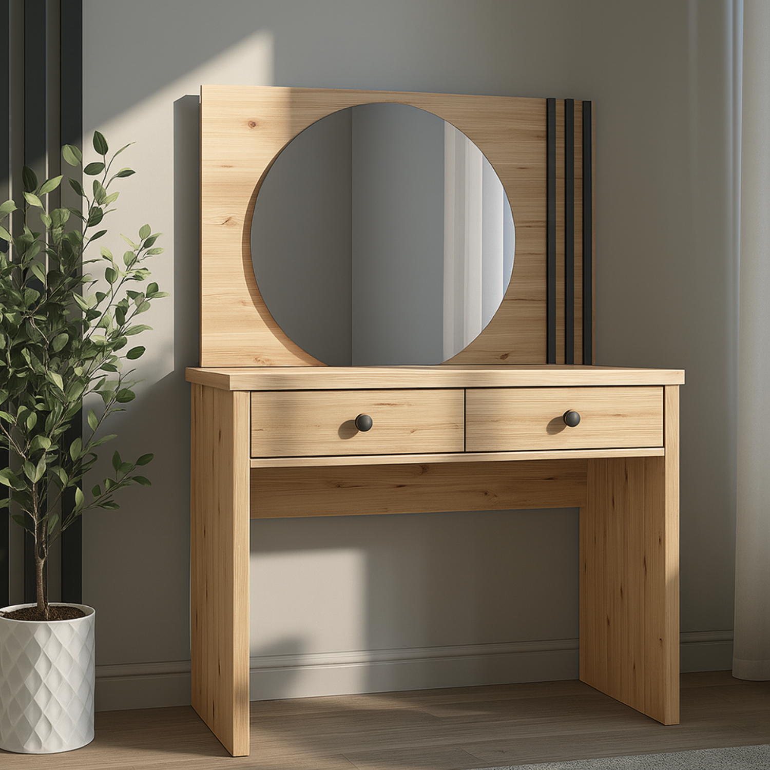 Coiffeuse compacte et élégante avec deux tiroirs, pouvant aussi servir de bureau