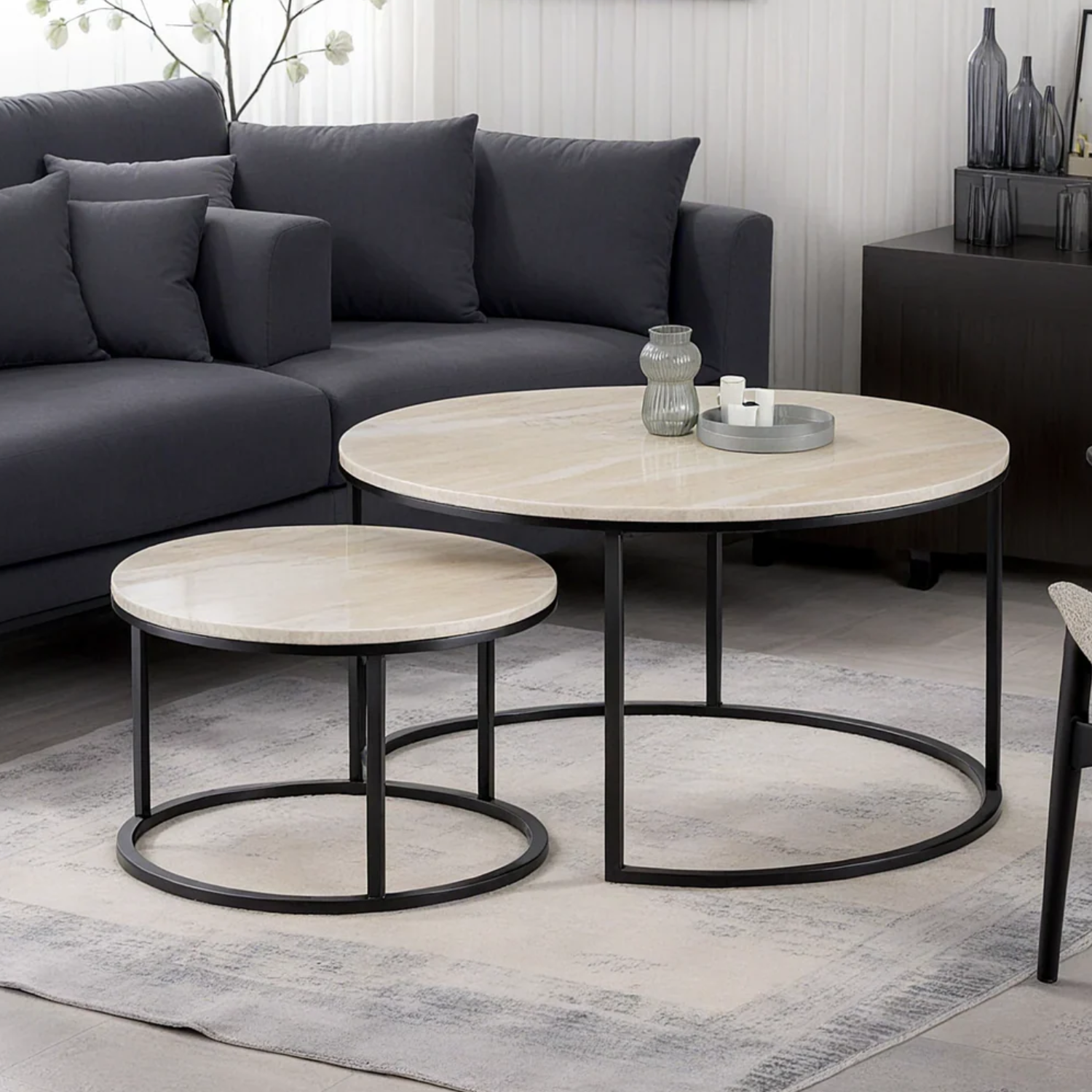 Table Basse Plateau Céramique Effet Travertin Beige & Pieds en Acier Noir