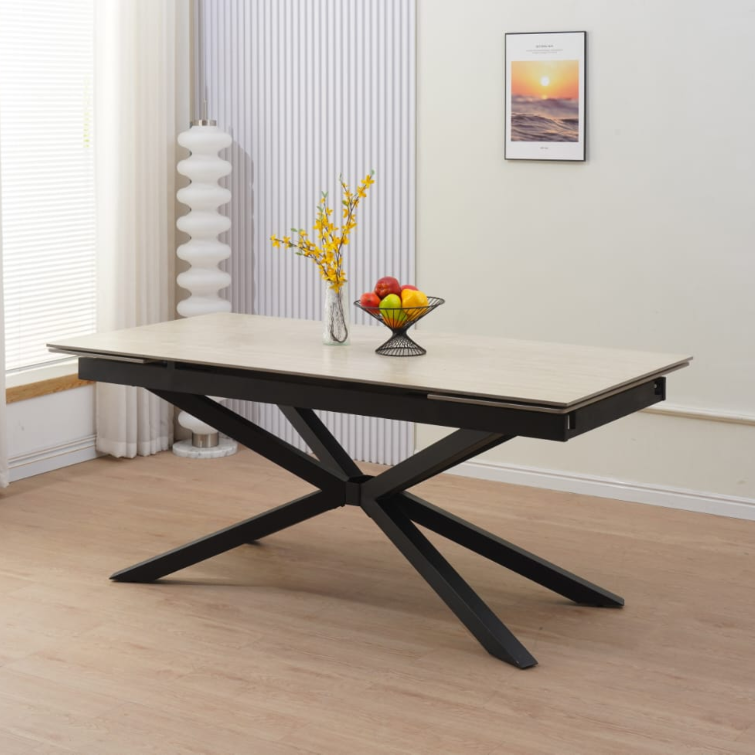 Table à manger extensible – Plateau céramique travertin mat ou blanc – Pied métal noir – 180/260x90x76 cm