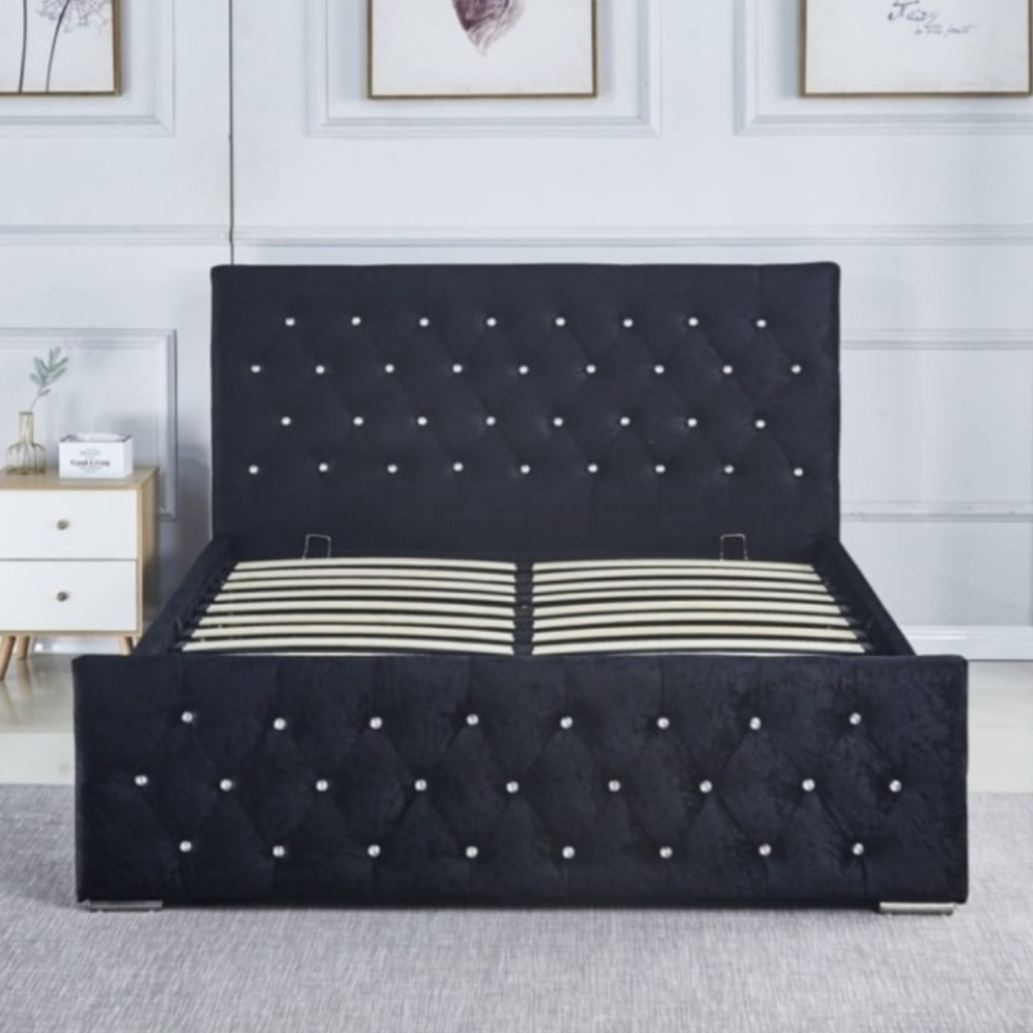 Lit CALINA en velours – Coffre de rangement – 140x200 & 160x200 cm – Noir, Gris, Beige