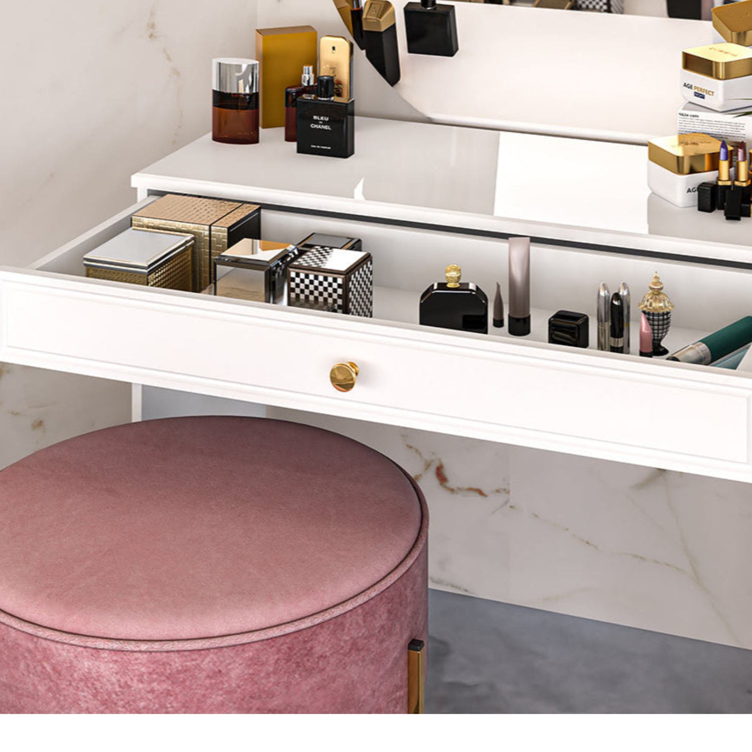 Table de Coiffeuse en Bois Laqué Brillant avec Pieds en Métal Doré