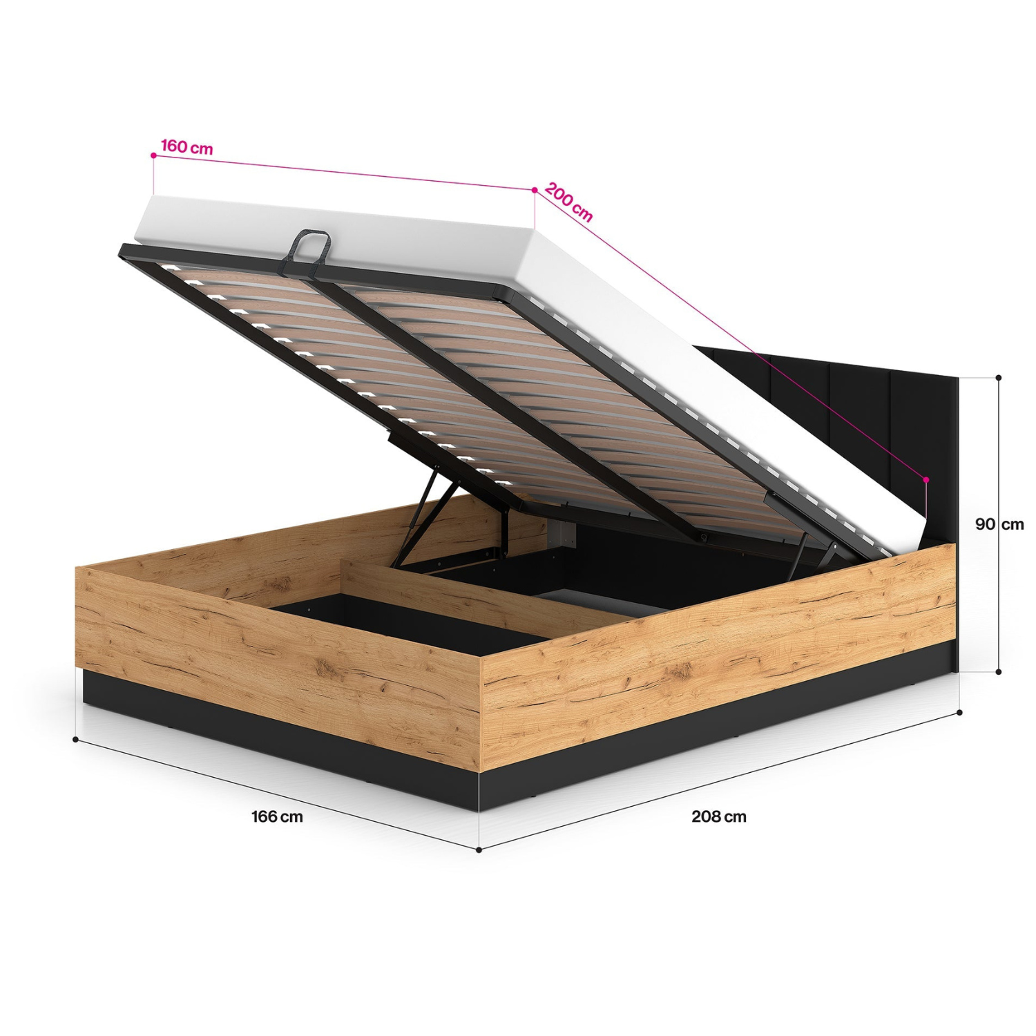 Lit en Chêne Craft Or + Noir avec Appuie-tête en Velours Noir – Design Élégant et Résistant