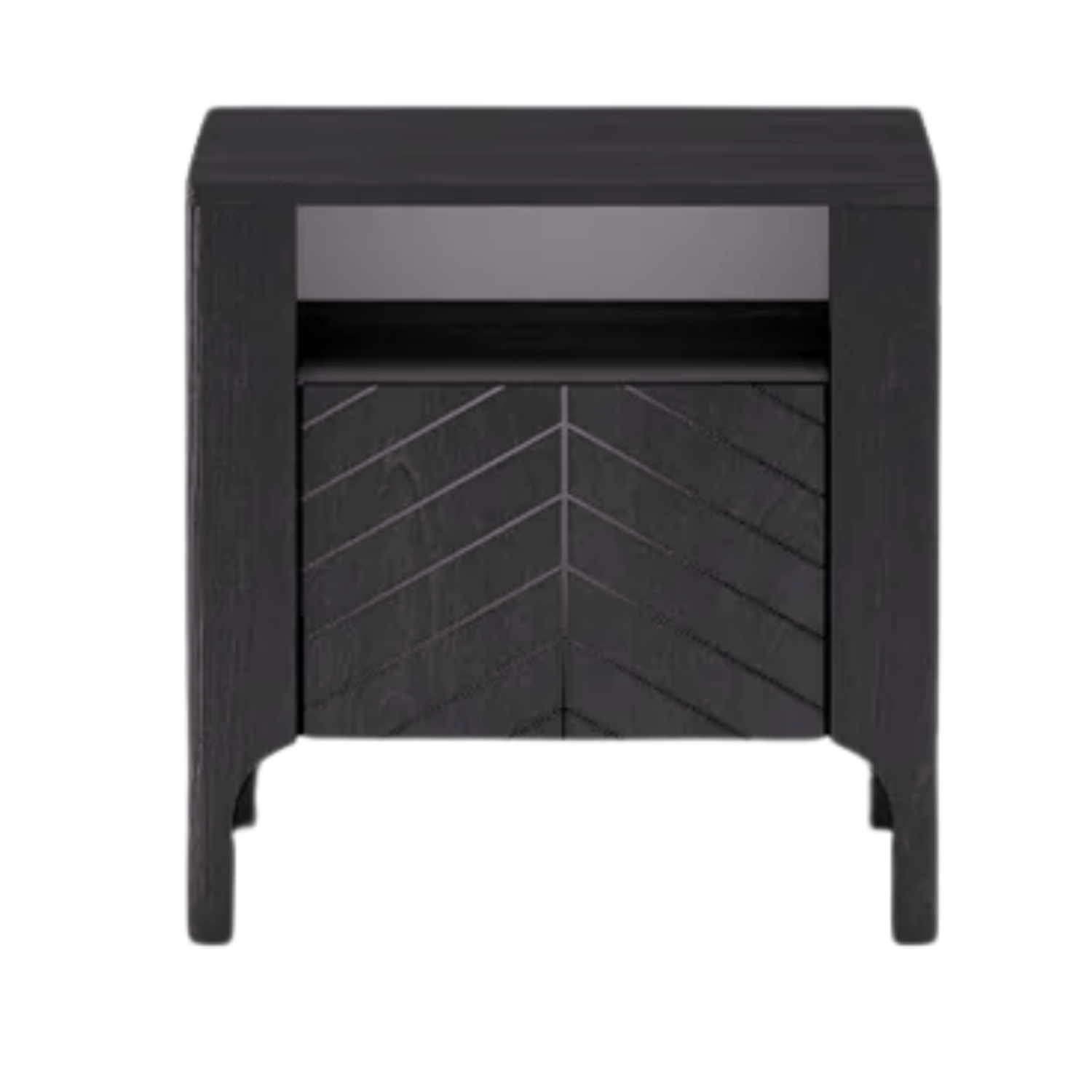Table de chevet moderne RIVANO – Bois noir mat avec motif chevrons – 1 porte + étagère