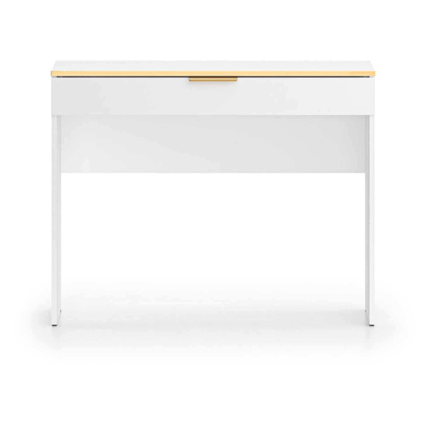 Coiffeuse en bois blanc laqué mat avec structure dorée avec rangement pratique
