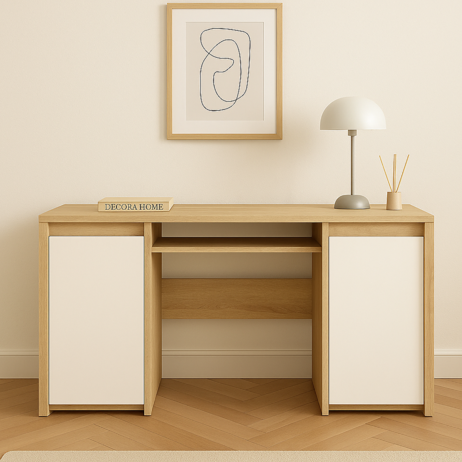 Bureau – Design moderne avec façades blanches brillantes, armoires et étagères intégrées