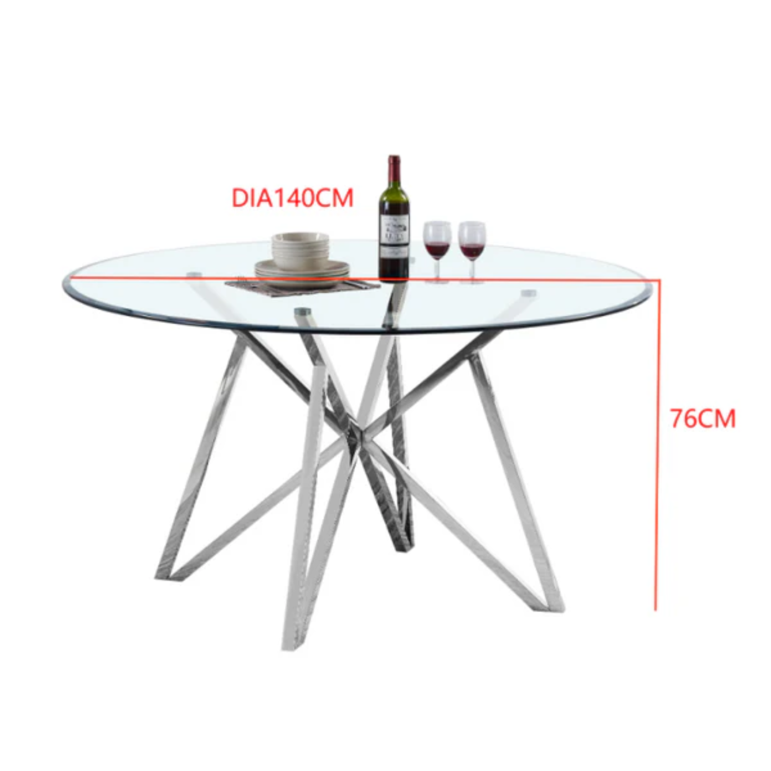Table à manger avec plateau transparent et pieds en acier inoxydable.