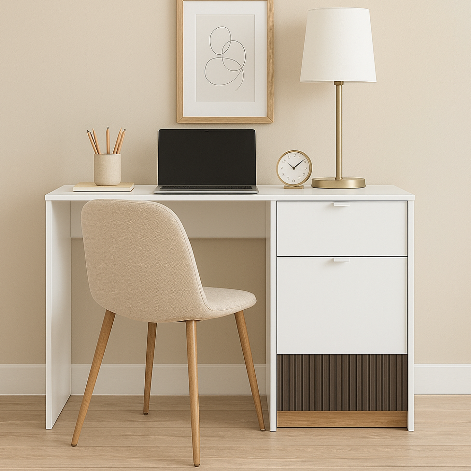 Bureau Design avec Finition Bicolore – Blanc, Graphite Mat & Chêne Castello