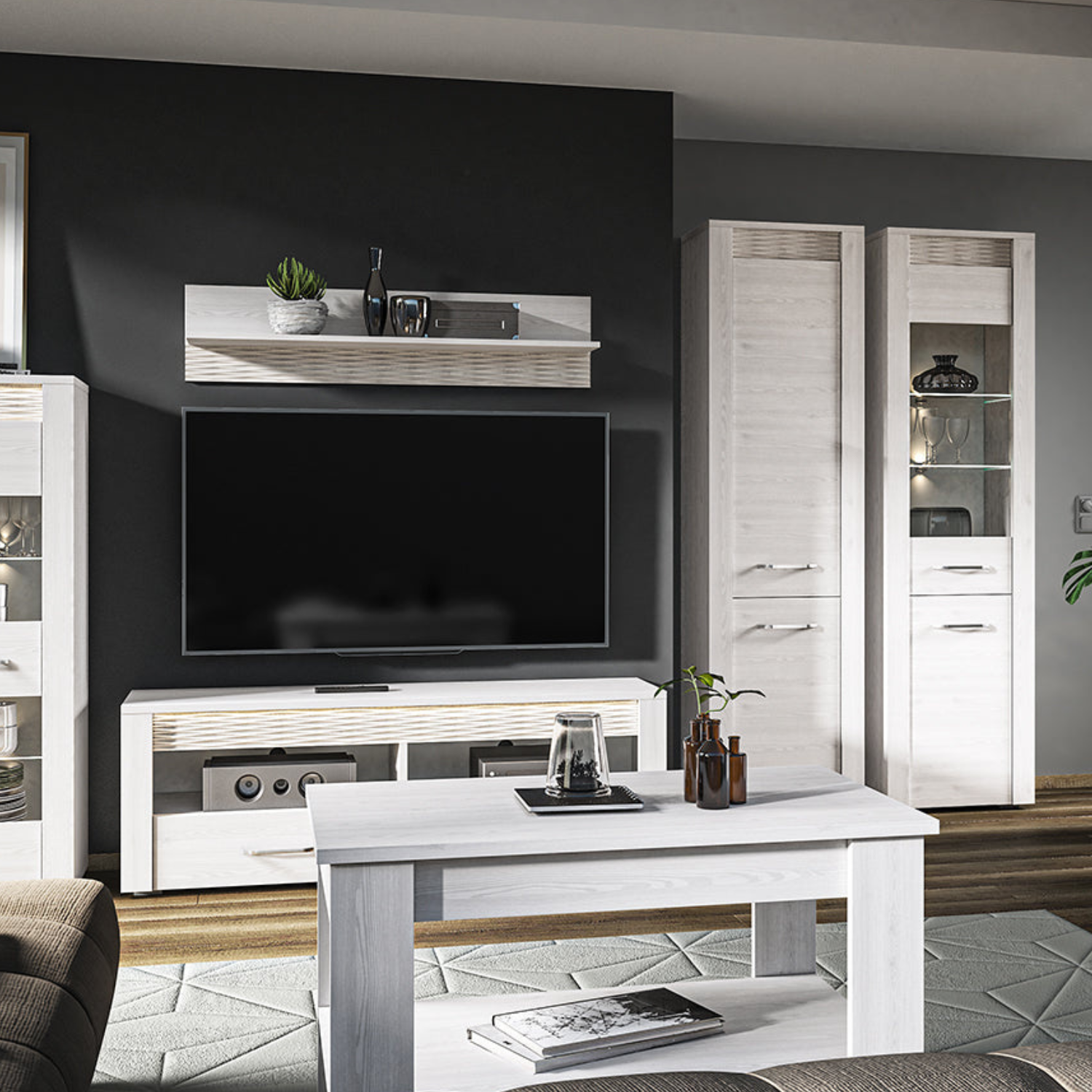 Meuble TV moderne – Pin Enneigé – Design épuré et durable – Compartiments de rangement pratiques