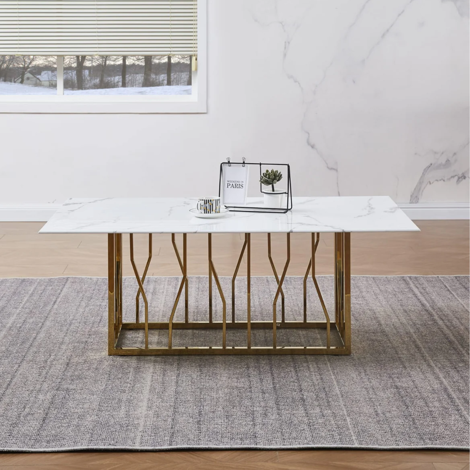Table Basse Marbre Blanc Véritable & Piètement en Acier