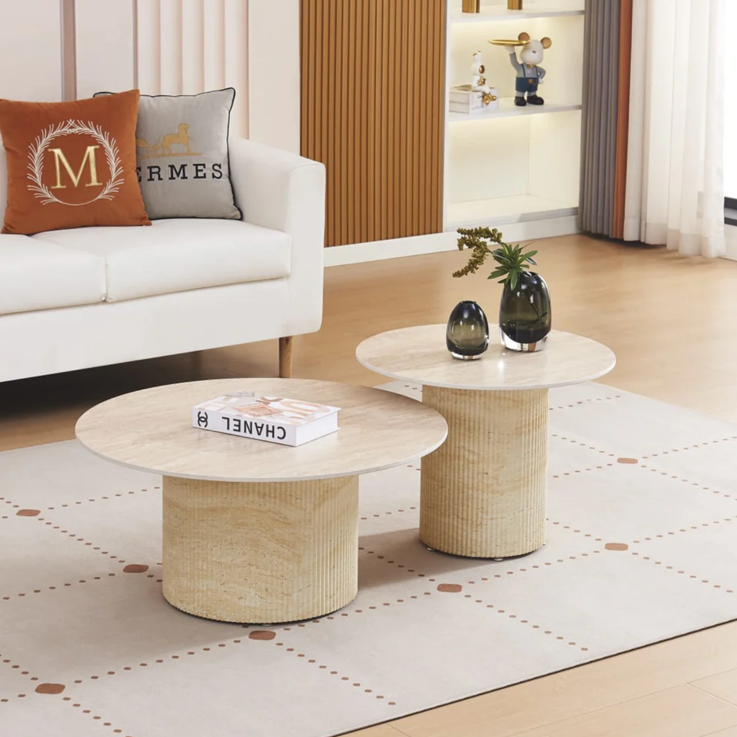 Table Basse Duo – Céramique Effet Travertin et Pieds Beige – 80x38 / 60x45 cm