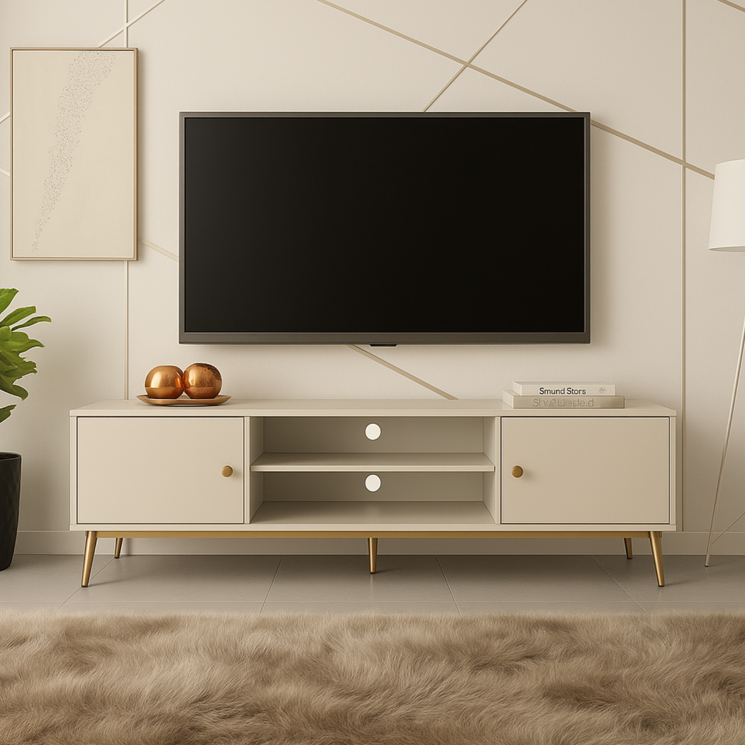 Meuble TV  – Cachemire élégant – 2 niches fermées et étagères ouvertes – Pieds dorés hauts